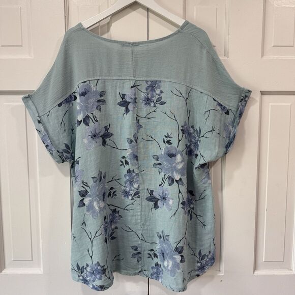 Lungo Larno Linen Top Size 2X Floral Woven Boho Lagenlook Coastal Beachy Blue - Picture 3 of 12